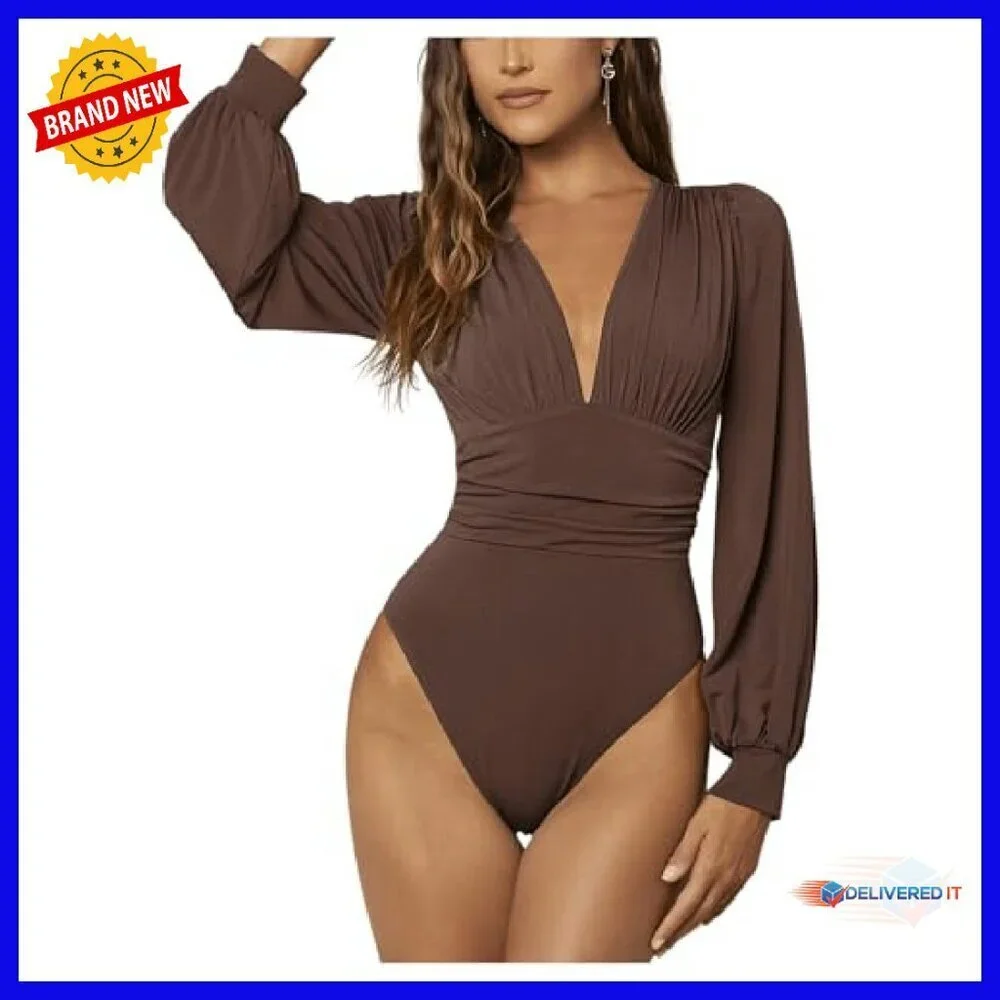 Sexy Ruched Deep V Neck Long Sleeve Bodysuit Plunging Leotard